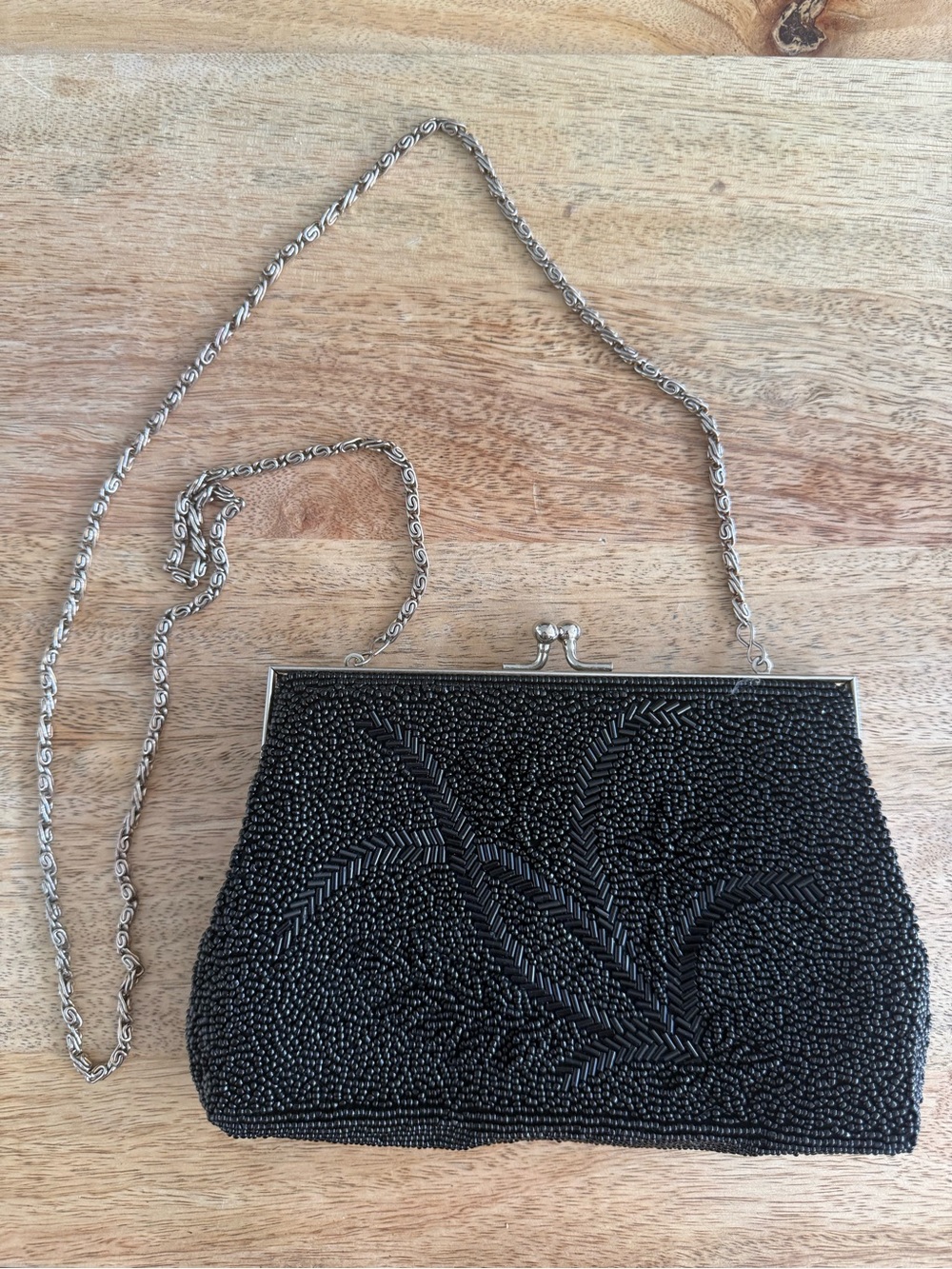 Vintage 70s Hand Beaded Black Evening Clutch with Silver Chain